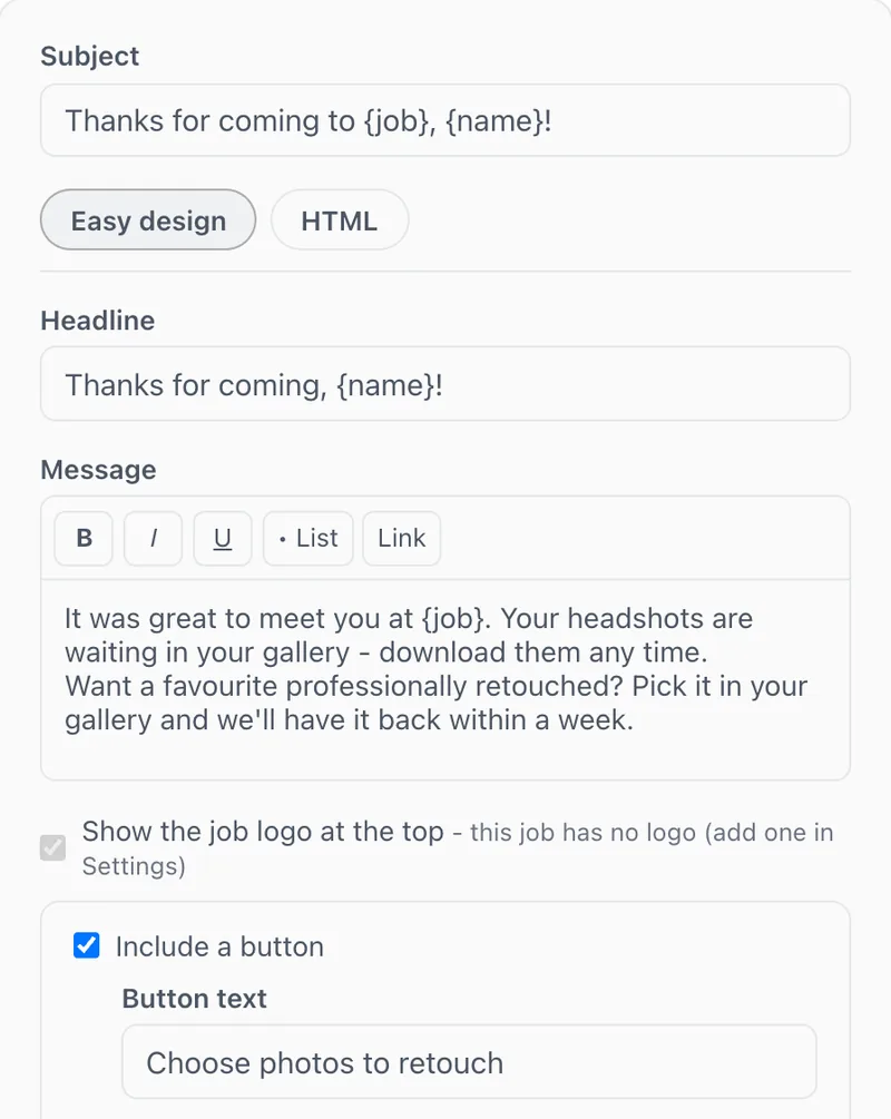 The email campaign designer: a follow-up thanking guests for coming, inviting them to pick photos for retouching
