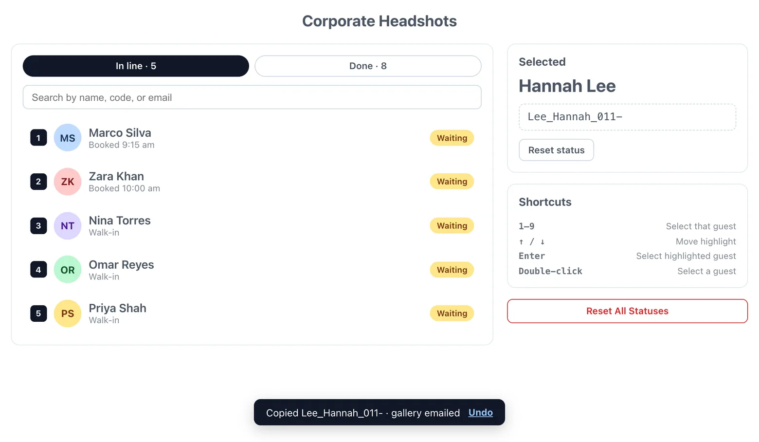 The live dashboard for a Corporate Headshots job: five guests in line, some booked and some walk-ins, with Hannah Lee selected, her filename prefix copied and her gallery emailed