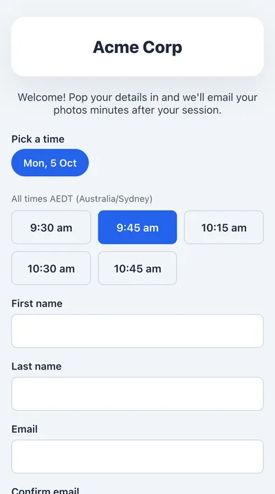 The booking page on a phone, with a time picked from the day's open slots and the guest's details below